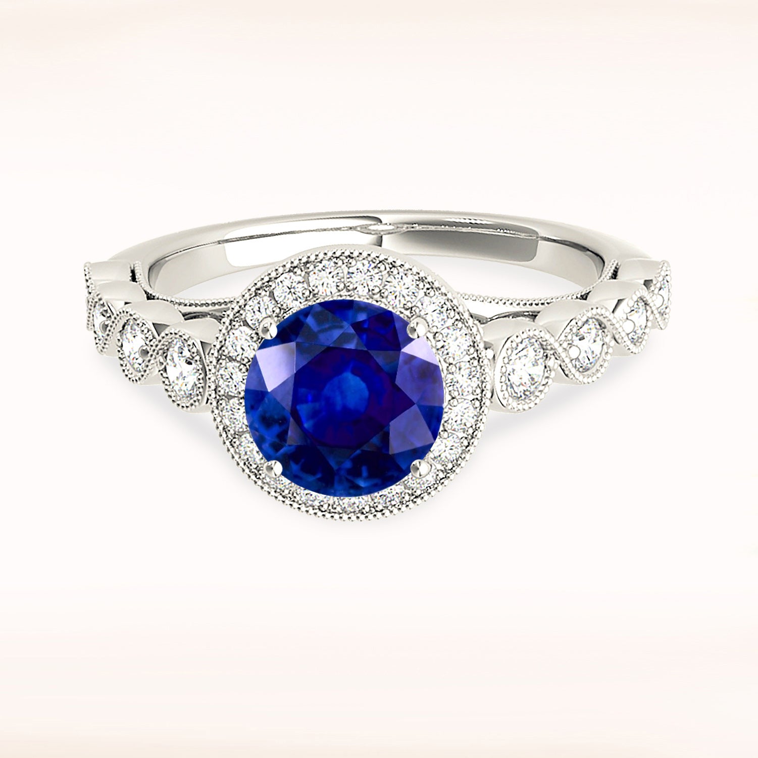 1.35 ct. Genuine Blue Sapphire Ring With 0.35 ctw. Diamond Milgrain Halo, Swirly Beaded Diamond Band | Natural Sapphire And Diamond Ring-VIRABYANI